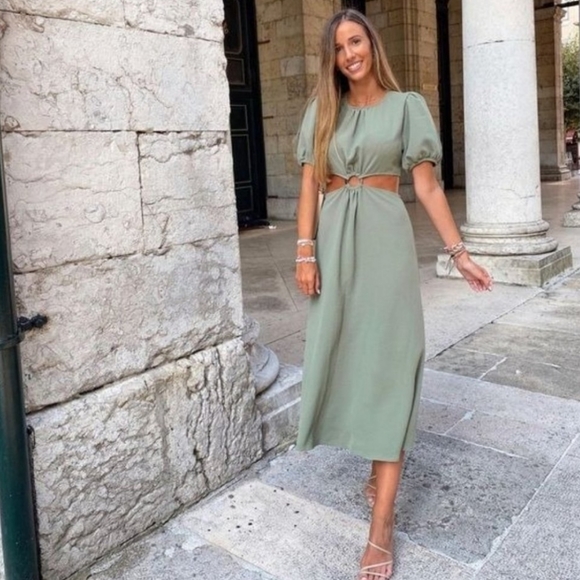 NWT Zara Olive Green Cut Out Midi Dress, Size L - Picture 2 of 12